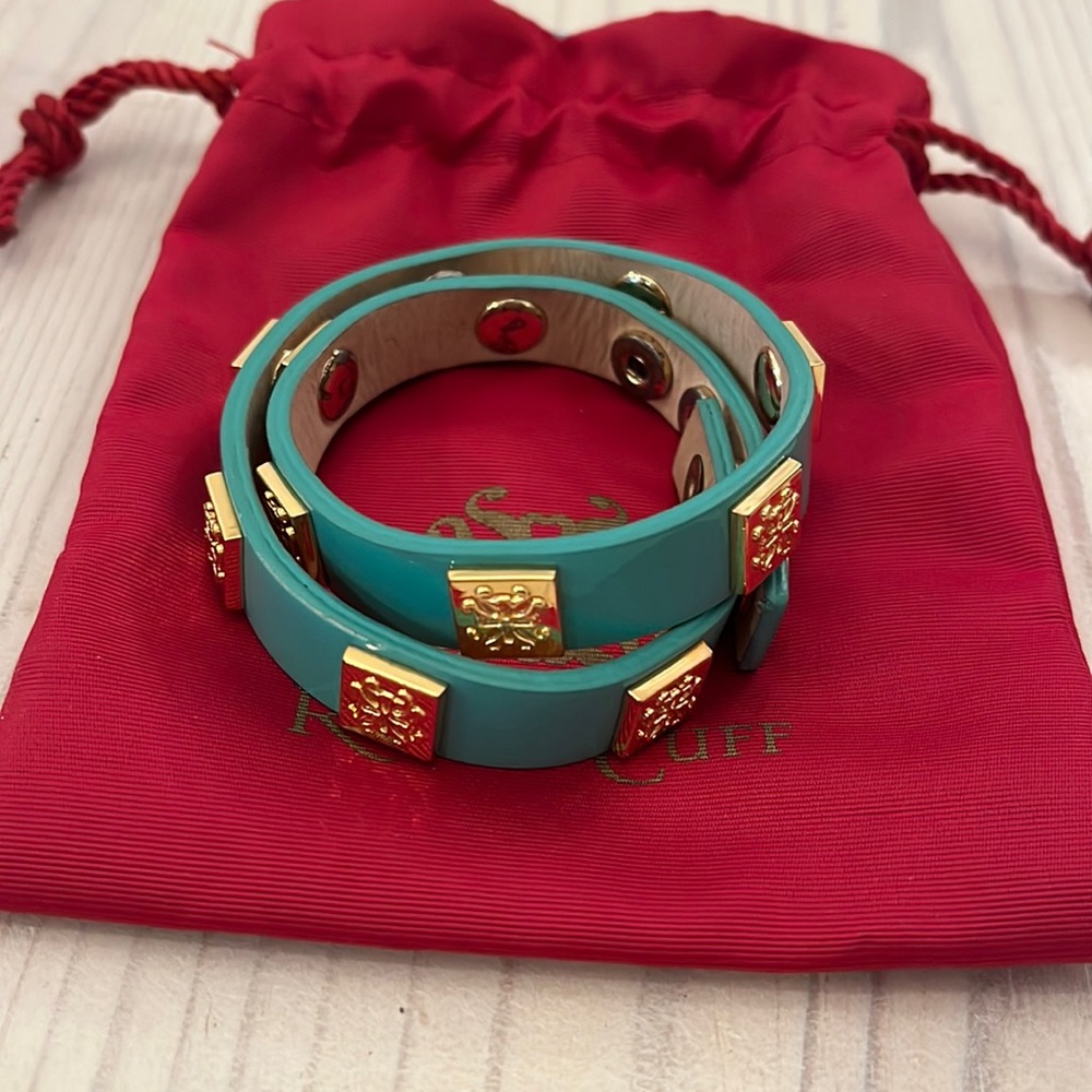 Rustic Cuff turquoise gold logos double wrap bracelet. Exceptional condition